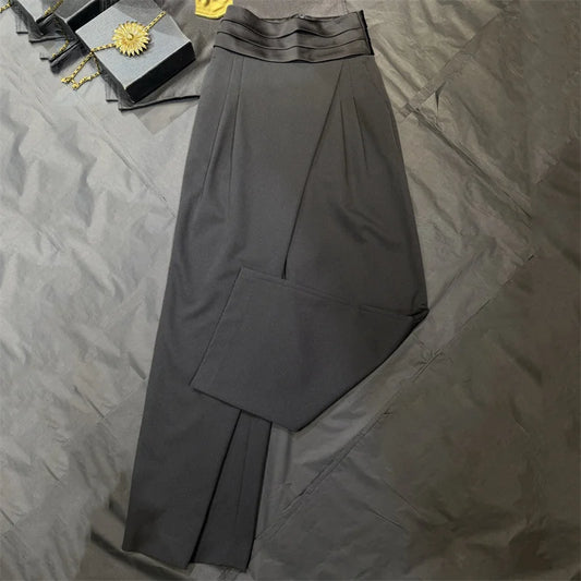 Women's pants New asymmetrical slim straight leg pants for spring 2026 Satin patchwork high waisted wide leg pants casual pants