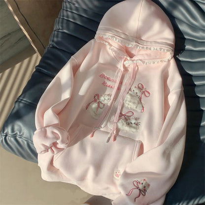 Pink Embroidered Lace  Hoodie Women's Spring Autumn Thickened Loose Casual Top Coat Korean Style Long Sleeve Zipper