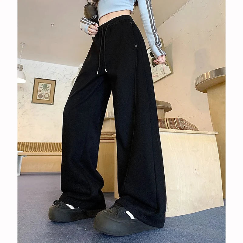 Girls Solid Loose Fit High Waist Trousers 2025 Classic Female Wide Leg Sweatpants Women Korean Fashion Casual Pants