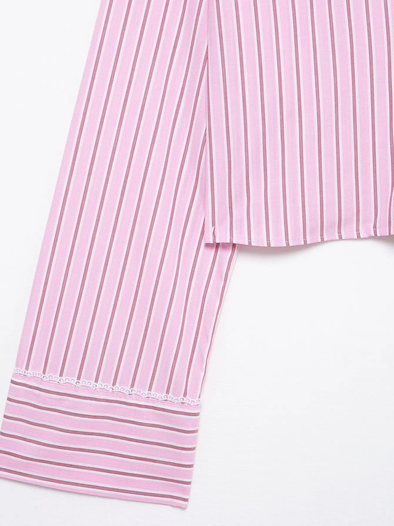 HH Women Striped Pants Suit Lapel Pocket Single-breasted Blouse+Side Zipper Lace Short Top+High Waist With Belt Poplin Pant
