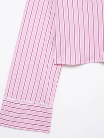 HH Women Striped Pants Suit Lapel Pocket Single-breasted Blouse+Side Zipper Lace Short Top+High Waist With Belt Poplin Pant