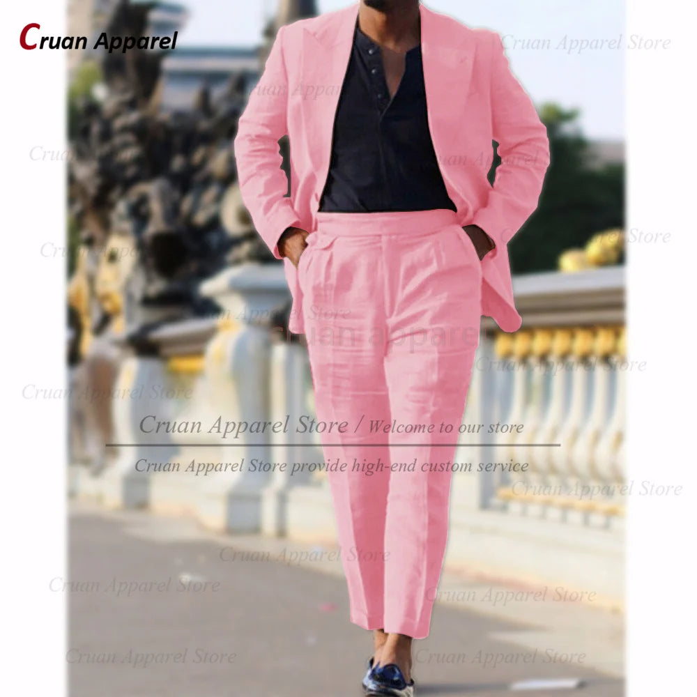 Classic Summer Linen Suit Sets For Men Smart Casual Blazer And Pants 2 Pieces Formal Evening  Fashion Slim Fit Suit Attire