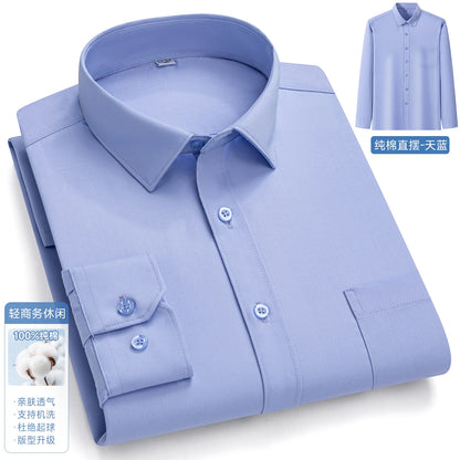 New In Tops Pure Cotton Men's Long Sleeve Business Social Plain Shirts Fashion Single Pocket Casual Slim Fit Solid Color Blouses