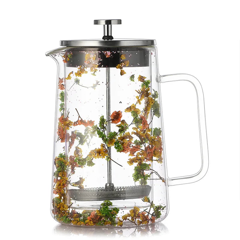 Dried Flower Double Glass French Press Heat-resistant Coffee Pot Insulation Coffee Utensil Household Filter Tea Maker