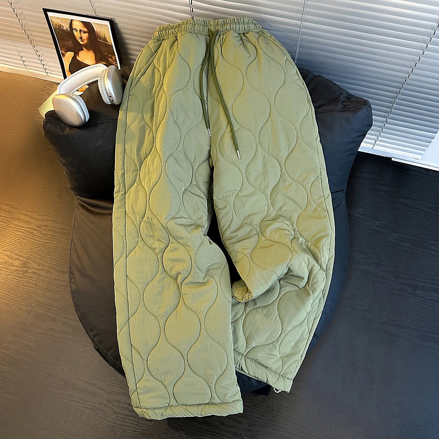 Men's Winter Cotton Trousers Warmth Insulation Straight Leg Drawstring Ankle Length Pure Color Gourd Pattern Outdoor Wear