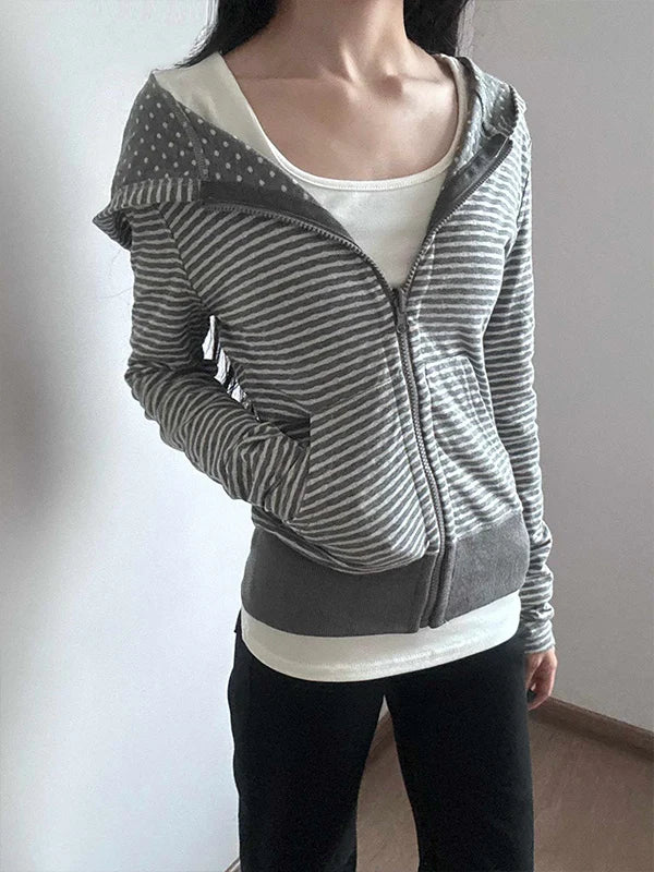 Slim Fit American Style Hooded Cardigan Sweatshirt Women's Short Thin Autumn New Fashion Versatile Open Cardigan Striped Spot...