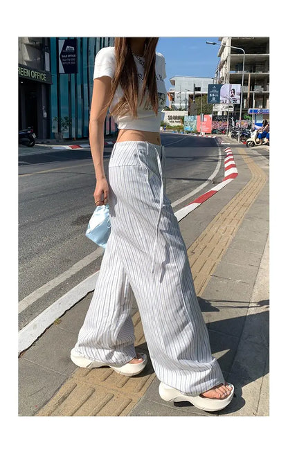 High-waist loose wide-leg pants, spring and summer new drawstring vertical striped versatile straight-leg casual pants for women