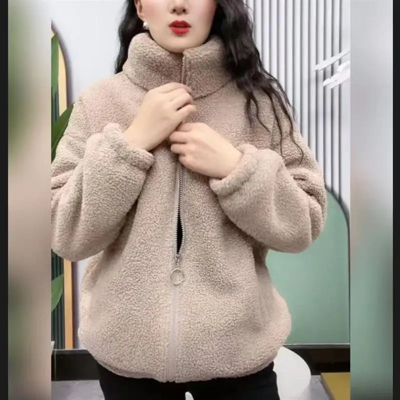 Lamb Velvet Jacket Women's Thickened Zipper Hoodie Fashionable Warm Winter New Arrival 2025 Spring Loose Fit Long Sleeve