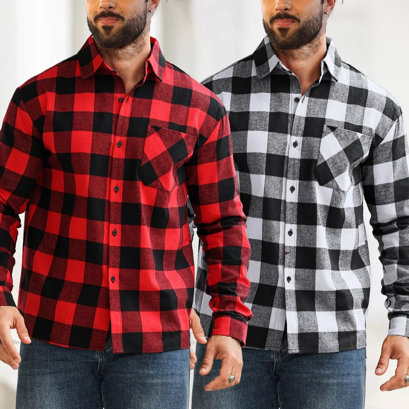 2-Piece Men's Multi-Pattern Plaid Shirt with Color Block Design, Single-Breasted with Pockets, Suitable for Layering or Wearing