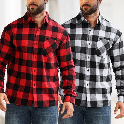 2-Piece Men's Multi-Pattern Plaid Shirt with Color Block Design, Single-Breasted with Pockets, Suitable for Layering or Wearing