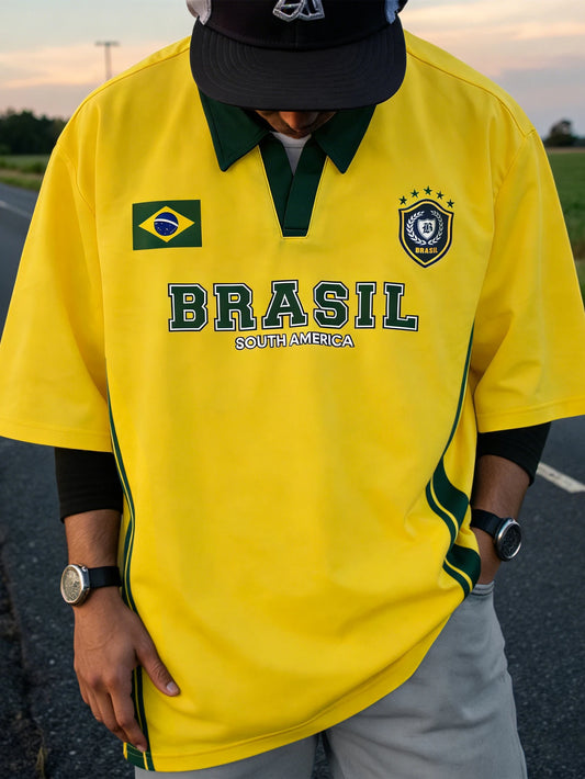 Men's Oversized Retro Brazil Soccer Jersey Polo Shirt Vintage Street Sport Y2K 100 % Polyester Yellow Green  S-2XL