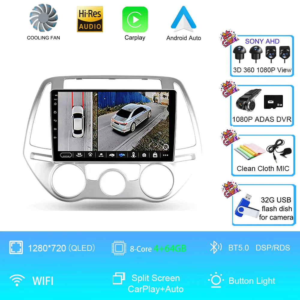 Android 16 Carplay Auto Multimedia Player Car Radio For Hyundai I20 2010 2012 2013 2014 DSP Autoradio GPS Stereo 2din Head Unit