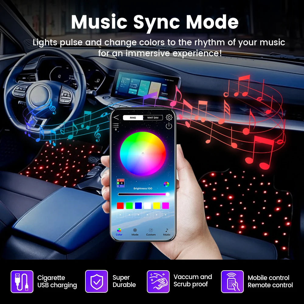 4pcs Starlight LED Car Floor Mats, App Control Washable Fiber Optic Lights Universal Automotive Decoration Atmosphere Light
