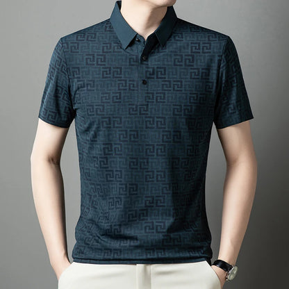Summer Slim-Fit Men's Short-Sleeved Polo Shirt Classic Lapel Single-Breasted Placket Meander Pattern Casual Style Men's Clothing