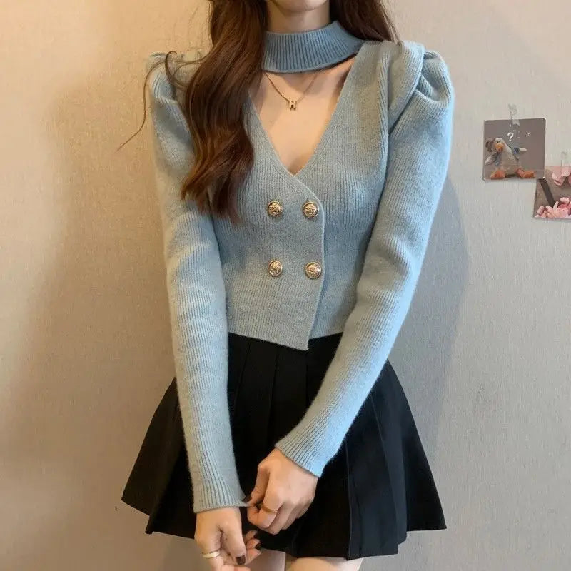 Elegant V-Neck Bubble Sleeve Knitwear Short Top Fashion Trend Neck Hanging Style Girl's French Style Slim Fit Long Sleeve Autumn
