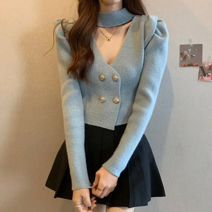 Elegant V-Neck Bubble Sleeve Knitwear Short Top Fashion Trend Neck Hanging Style Girl's French Style Slim Fit Long Sleeve Autumn