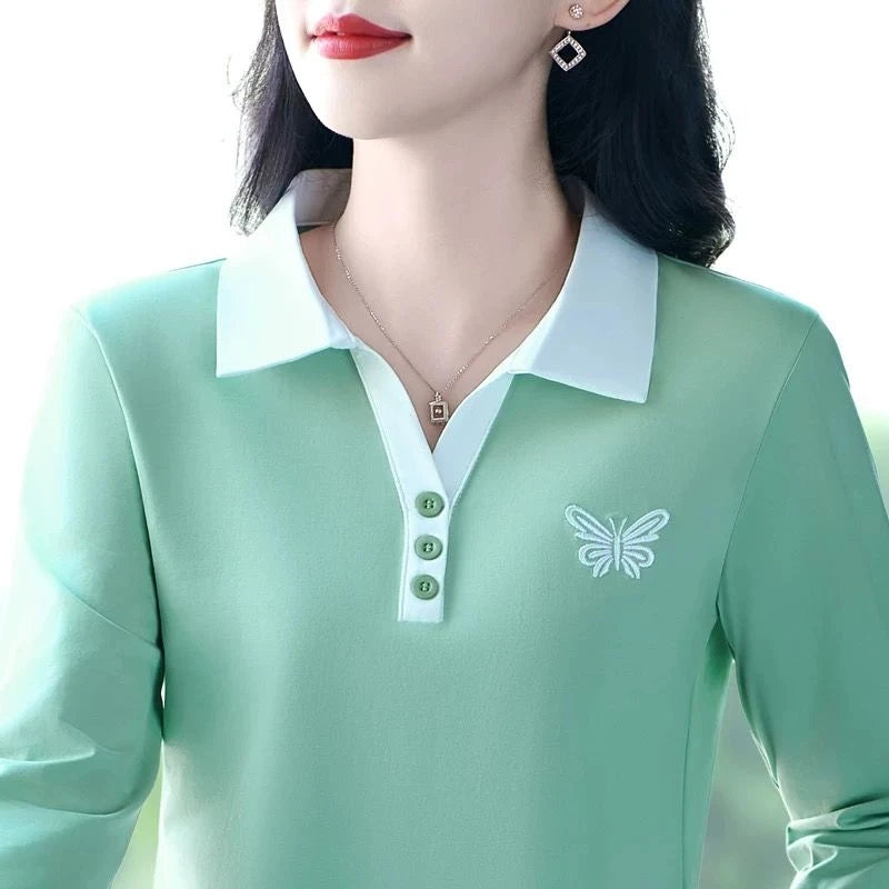 Elegant Embroidered Long Sleeve  Shirt for Women Collared Base Layer Top Anti-Aging Spring Autumn Wear Polyester Fiber