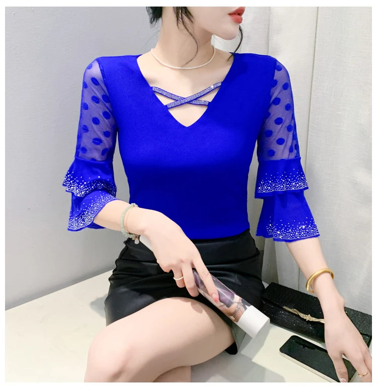 2026 Spring Summer Mesh Tops Korean Fashion Diamond T Shirt Slim 3/4 Sleeve Hollow Out Casual Women Shirt