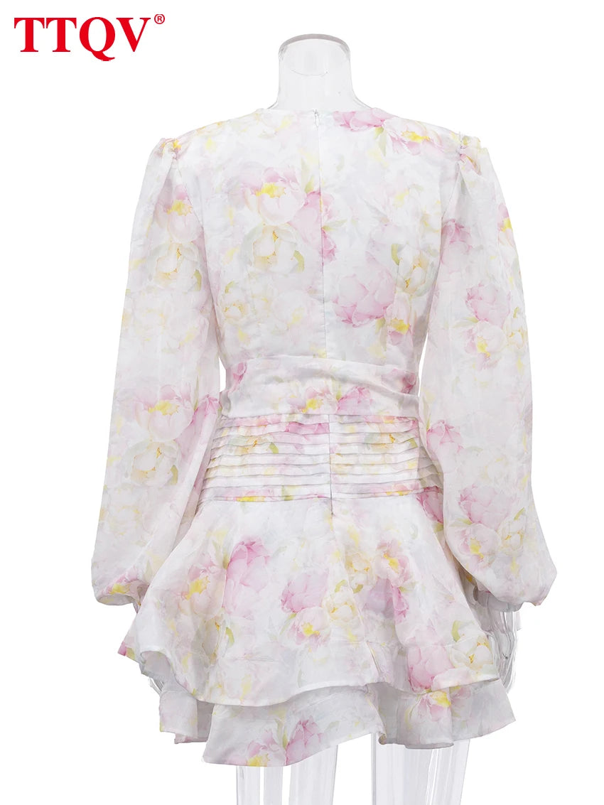 TTQV Sexy Slim Print Women Dress 2026 Fashion V-Neck Long Sleeve Mini Dresses Elegant Classic High Waist Female Dress Streetwear