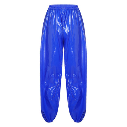 Mens Shiny Y2K Drawstring Jogging Pants Waterproof Elastic Waistband Side Pockets Track Baggy Glossy Pants Hip Hop Trousers