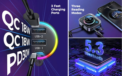 Joyroom Bluetooth 5.3 FM/AUX Transmitter Car Adapter Audio FM Transmitter Bass Boost 3 Ports PD&QC 3.0 FM Bluetooth Fast Charger