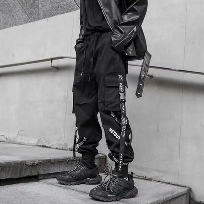 Black Cargo Pants Men Joggers Cargo Trousers for Men Jogging Japanese Streetwear Hip Hop Hippie Techwear Gothic Ribbon Pants