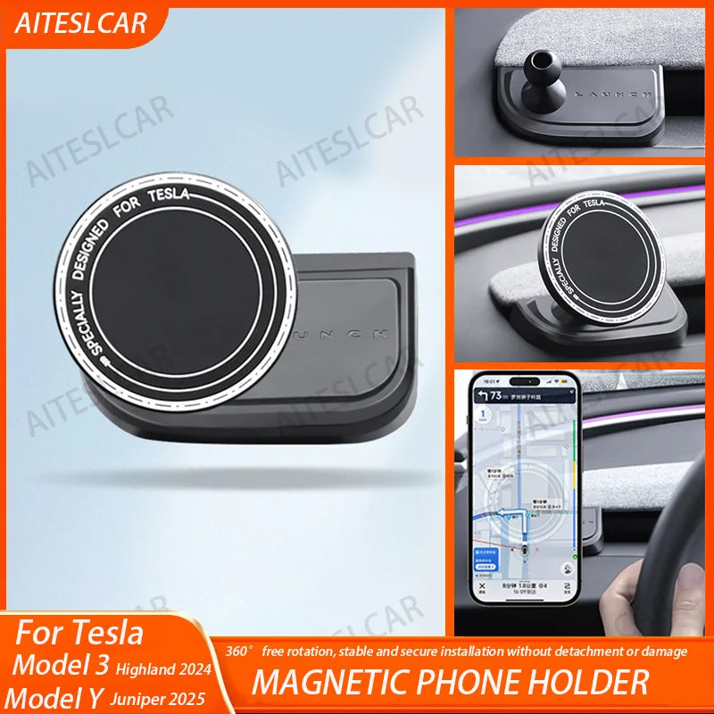 Base Magnetic Phone Holder For Tesla Model YL/Y Juniper 2025 Model 3 Highland 2024 + ABS Rotatable Bracket Non-Shaking Car Mount