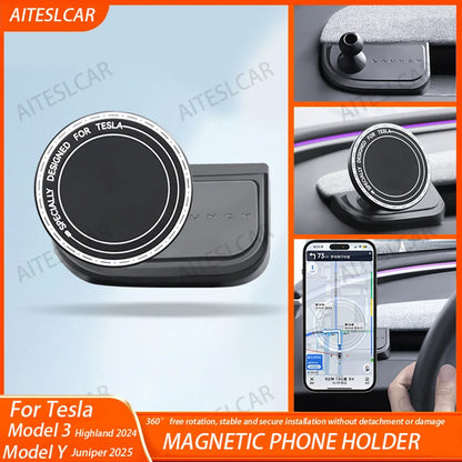 Base Magnetic Phone Holder For Tesla Model YL/Y Juniper 2025 Model 3 Highland 2024 + ABS Rotatable Bracket Non-Shaking Car Mount