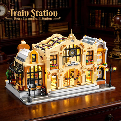 Miniature Train Station Building Blocks MOC DIY LED Light Model Desktop Home Decor Architectural Gift for Adults Kids