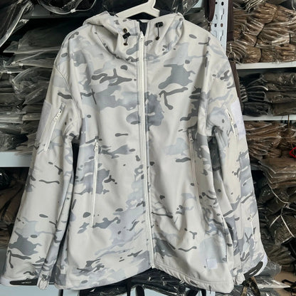 MCAP Men‘s Snow Camo Tactical Suit Softshell Jacket Pants Set Thermal Fleece Lined Hooded Underarm Zipper for Ski Hunting Winter