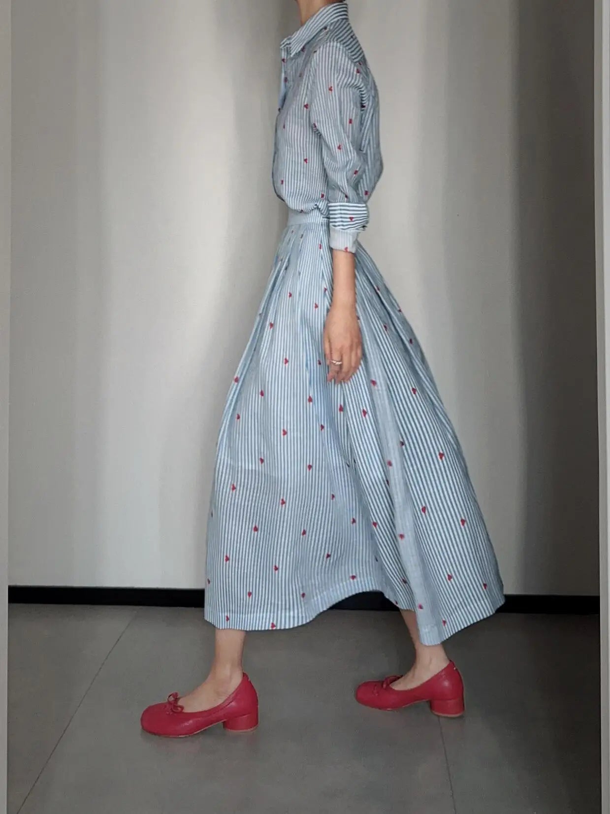 Blue Striped Linen Set Women's Long Sleeve Heart Print Blouse Half Skirt Two Piece Set Summer Fashion Ensemble for Young Women