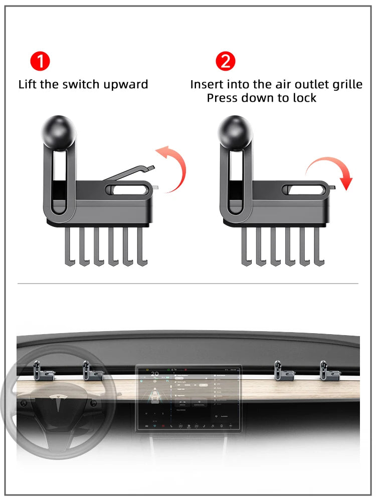 Tesla Model 3/Y: 15W Mag Fast Charge + Airflow Mount, Adjustable/Non-Slip, Nav-Charge Dual, Safe Drive, Luxury Trim