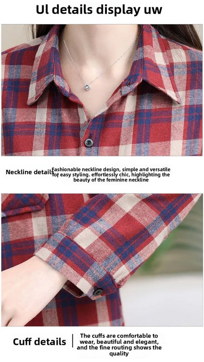 Loose Long Sleeve Mom Shirt Women's New Style Slimming Age-Defying Outerwear Versatile Early Autumn Plaid Outfit  Collar