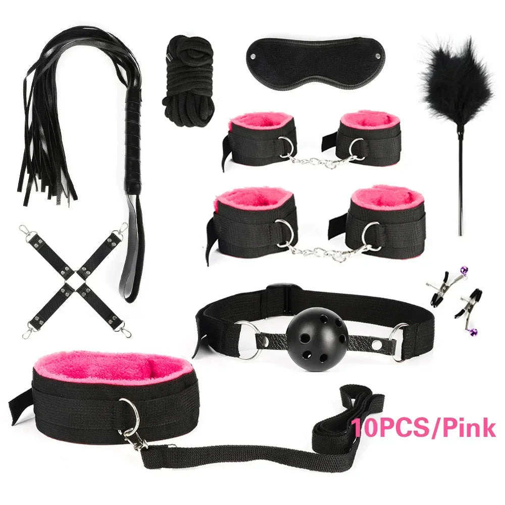 Sex Products Erotic Toys for Adults BDSM Sex Bondage Set Handcuffs Nipple Clamps Gag Whip Rope Sex Toys For Couples