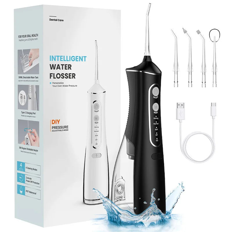 Portable Water Flosser Oral Irrigator 300ML 4 Modes IPX7 Waterproof Dental Cleaner 360° Nozzle for Travel Home Use