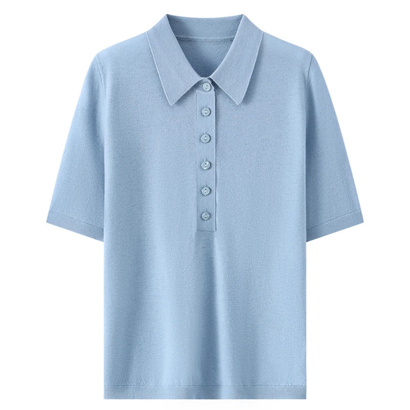 100% fine spun wool women's T-shirt summer solid knitted pullover Jumper sweater short sleeved loose Polo collar Tees Pull Tops