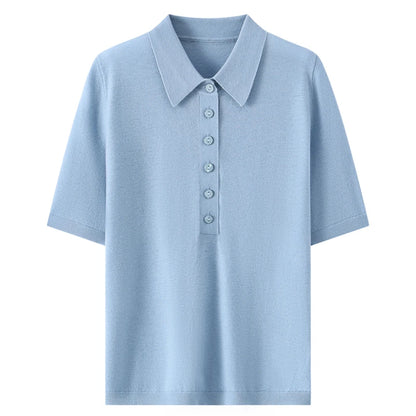 100% fine spun wool women's T-shirt summer solid knitted pullover Jumper sweater short sleeved loose Polo collar Tees Pull Tops
