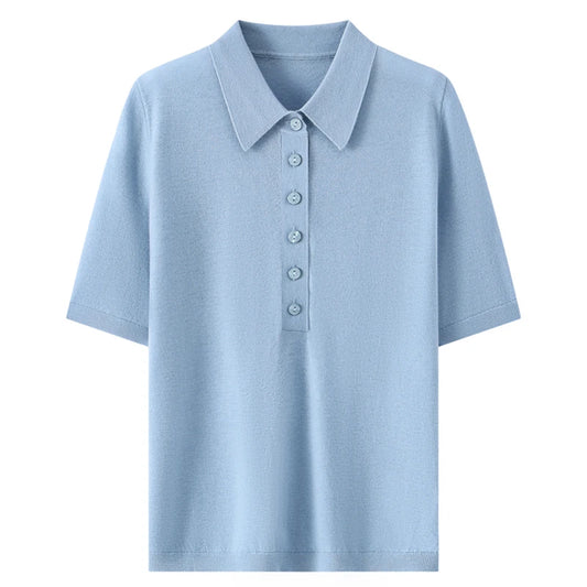 100% fine spun wool women's T-shirt summer solid knitted pullover Jumper sweater short sleeved loose Polo collar Tees Pull Tops