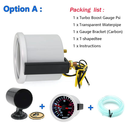 2 "52mm Turbo Boost Gauge 0~30PSI White LED Smoke Len -30in.Hg~0~30PSI Auto Turbo Boost Controller Kit Holder waterpipe