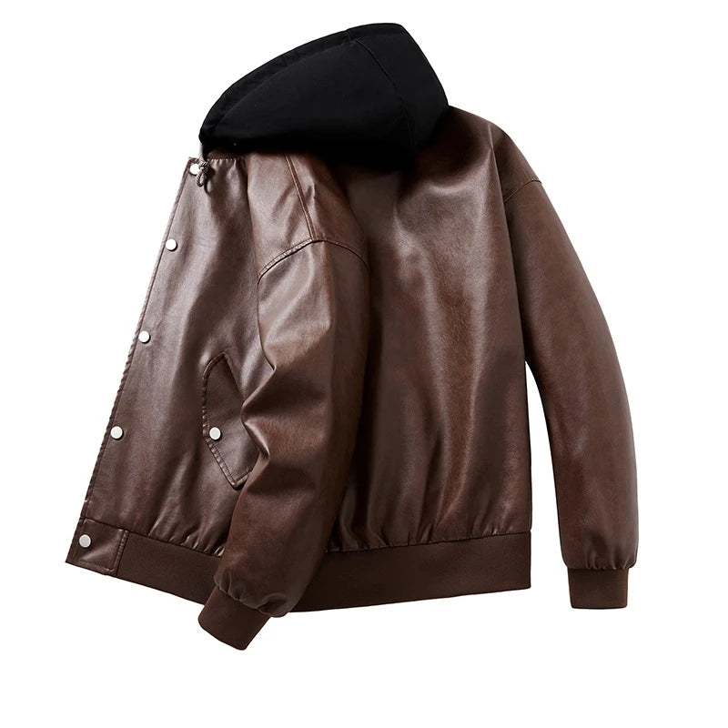 Hooded Leather Motorbiker Jacket Men's Streetwear Fake Two PU Leather Jackets Winter New Biker Coats Men Motorcycle Leather Coat