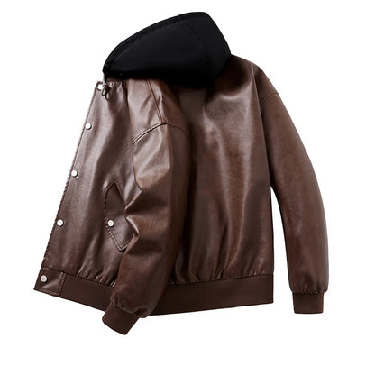 Hooded Leather Motorbiker Jacket Men's Streetwear Fake Two PU Leather Jackets Winter New Biker Coats Men Motorcycle Leather Coat