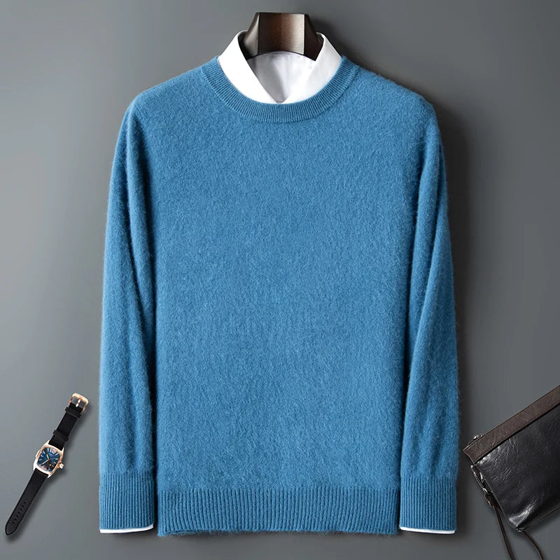 100% Pure Mink Cashmere Men's Round Neck Sweater For Autumn Winter, Casual Knitted Long Sleeved Pullover Sweater Men's Clothng