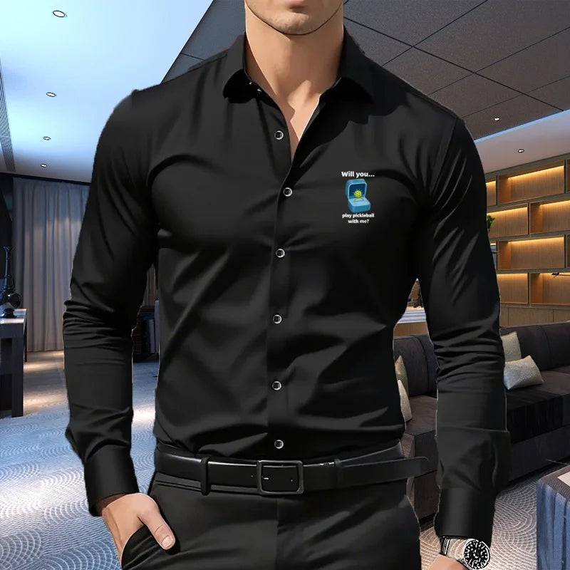 1PC Men's Premium Business Casual Shirt with Sport Logo Print Long Sleeve Slim Fit Wrinkle Resistant Formal Office Daily Shirt