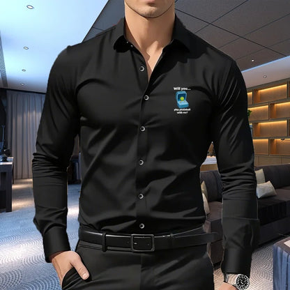 1PC Men's Premium Business Casual Shirt with Sport Logo Print Long Sleeve Slim Fit Wrinkle Resistant Formal Office Daily Shirt