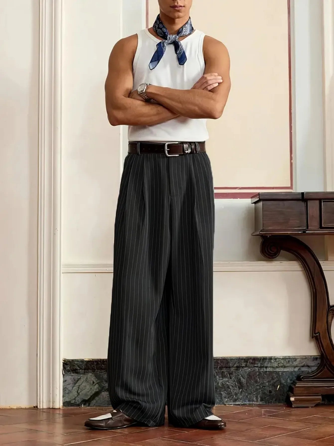 plus Size Men's Casual Striped Suit Pants Leisure Wide Leg Trousers for plus Size Men