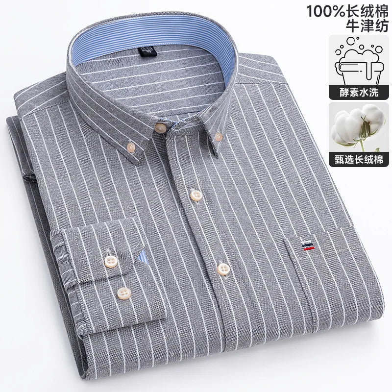 100% Cotton Oxford Casual Shirts For Men Long Sleeved Plaid Striped Soft Regular Fit Formal Single Pocket Social Fashion Blouses