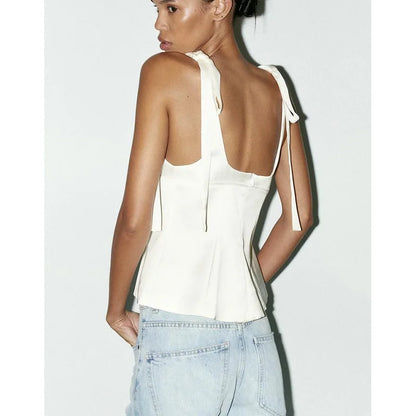 Summer New Women's Simple Style V-neck Sleeveless  Knot Decorated Silk Satin Feel Strap Top Original Design Slim Fit