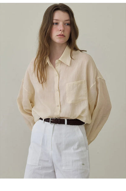 100% Ramie Thin Breathable Women Shirt Chic French Lapel Single-Breasted Cardigan Ladies Loose Simple Long-Sleeved Shirts