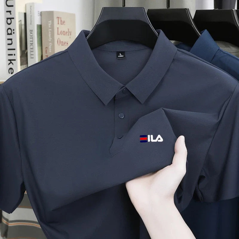 High end ice silk short sleeved men's polo shirt brand printed top summer new comfortable and breathable business casual T-shirt