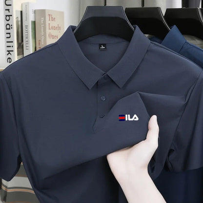 High end ice silk short sleeved men's polo shirt brand printed top summer new comfortable and breathable business casual T-shirt